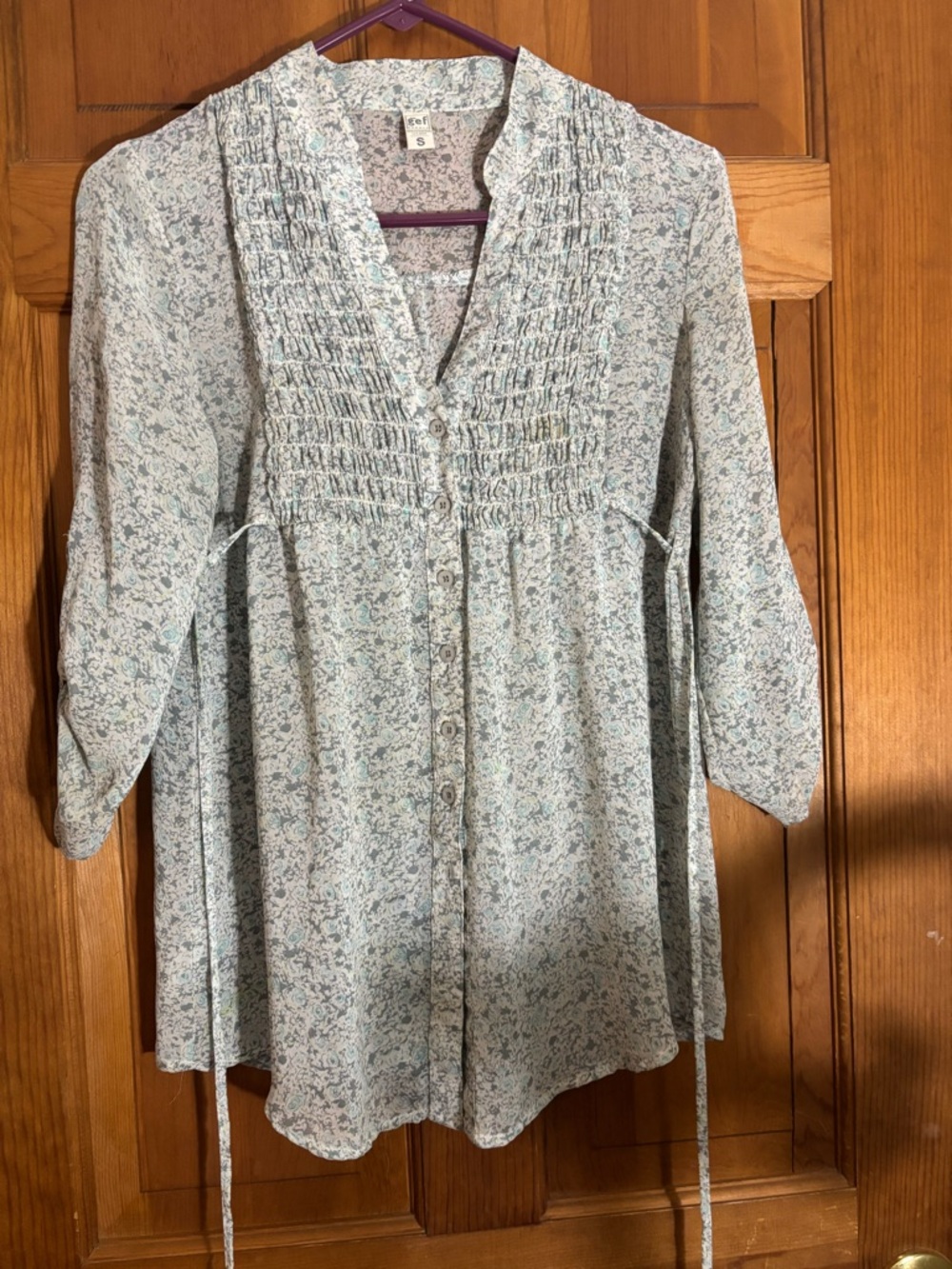 GEF France Green Gray Floral Smock Tunic Blouse Small